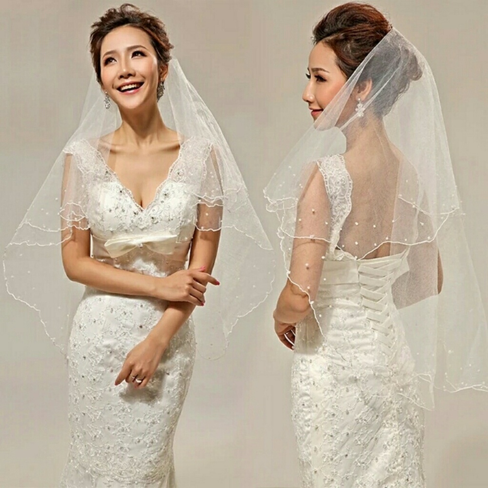 Pearl Wedding Dress Veil Layers Tulle Ribbon Edge - Picture 3 of 4